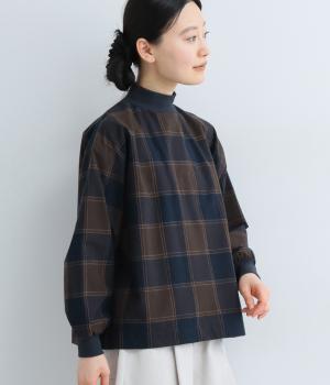 コットン平織起毛ブロックチェックボトルネック長袖ブラウス(ブラウン×ネイビー-F)