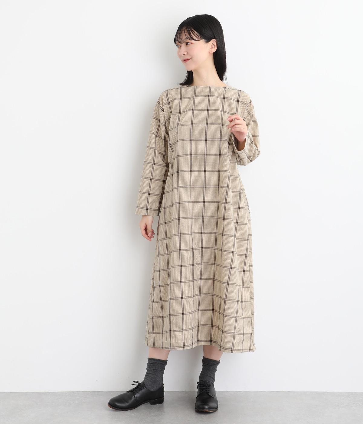 サッカーチェック柄　ワイドワンピース(ベージュ-F)