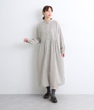 コットンシャンブレーストライプ　切替えギャザーワンピース(キナリ-F)
