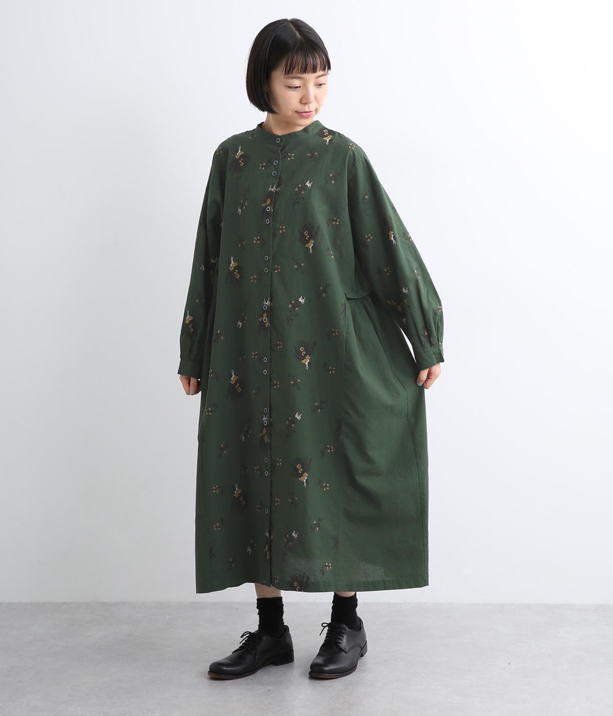 【tukuroi by SUN VALLEY】コットンリネン平織総柄刺繍　2wayワンピース(ダークグリーン-F)