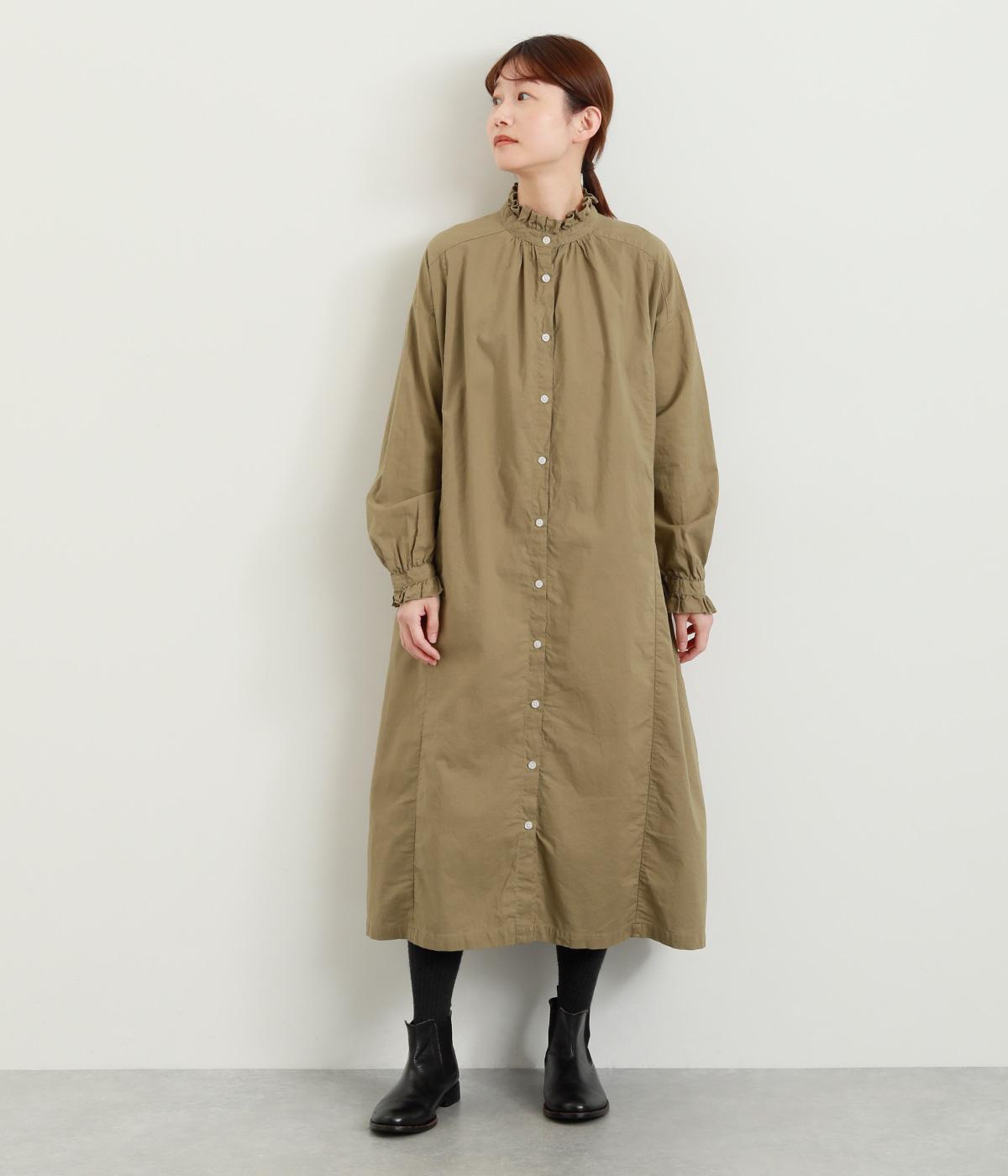 コットン平織日本製品染長袖ワンピース(カーキベージュ-F)