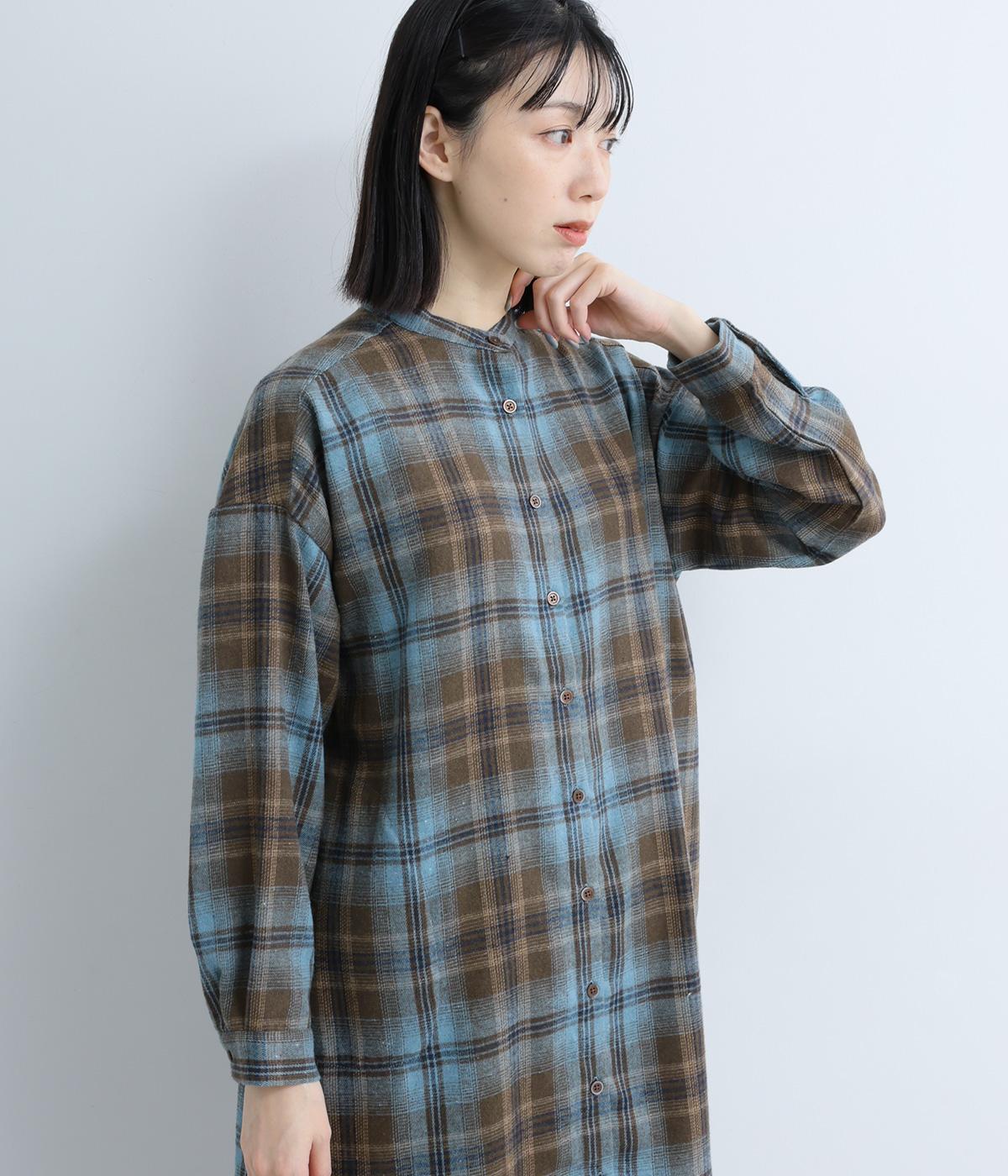 ポリエステルコットン綾織起毛チェック柄長袖ワンピース(ブラウン-F)