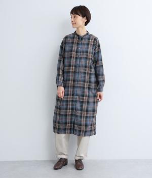 ポリエステルコットン綾織起毛チェック柄長袖ワンピース(ブルー-F)