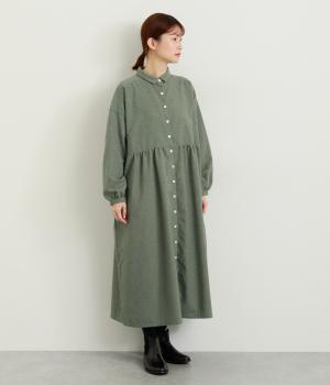 コットンポリエステル平織起毛長袖ワンピース(グリーン-F)