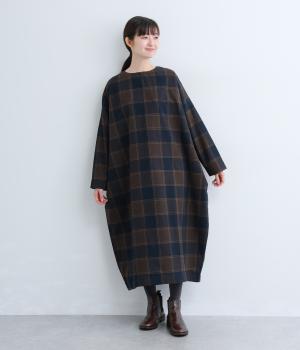コットン平織起毛ブロックチェック長袖ワンピース(ブラウン×ネイビー-F)