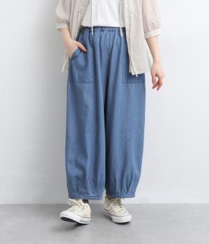 コットンテンセルデニム　裾タックパンツ(ブルー-F)