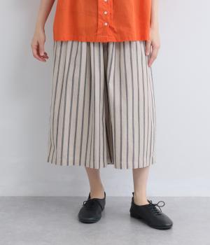 コットンリネン平織　ギャザーワイドパンツ(ストライプ-F)