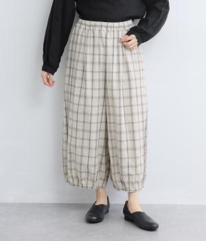コットンリネン平織　ギャザーバルーンパンツ(チェック-F)