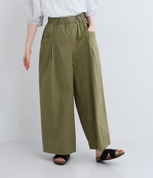 コットン平織ストレッチワイドパンツ(カーキ-M)