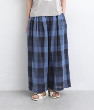 コットンリネンガーゼブロックチェックワイドパンツ(ネイビー-M)