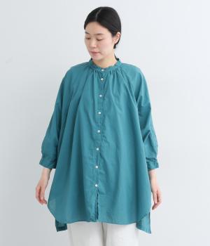 60コットンローン日本製品染9分袖シャツ(ブルーグリーン-F)