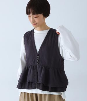 【tukuroi by SUN VALLEY】40×10コットンジャカード日本製品染フレアギャザーベスト(チャコール-F)