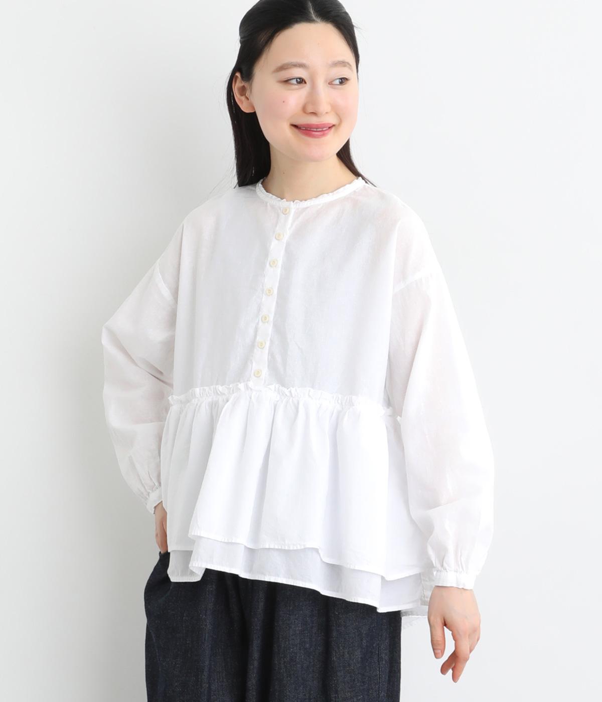 【tukuroi by SUN VALLEY】30コットンリネン平織日本製品染切替ギャザーブラウス(シロ-F)