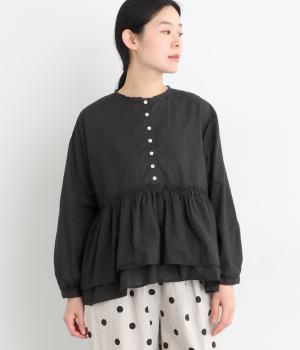 【tukuroi by SUN VALLEY】30コットンリネン平織日本製品染切替ギャザーブラウス(ダークネイビー-F)