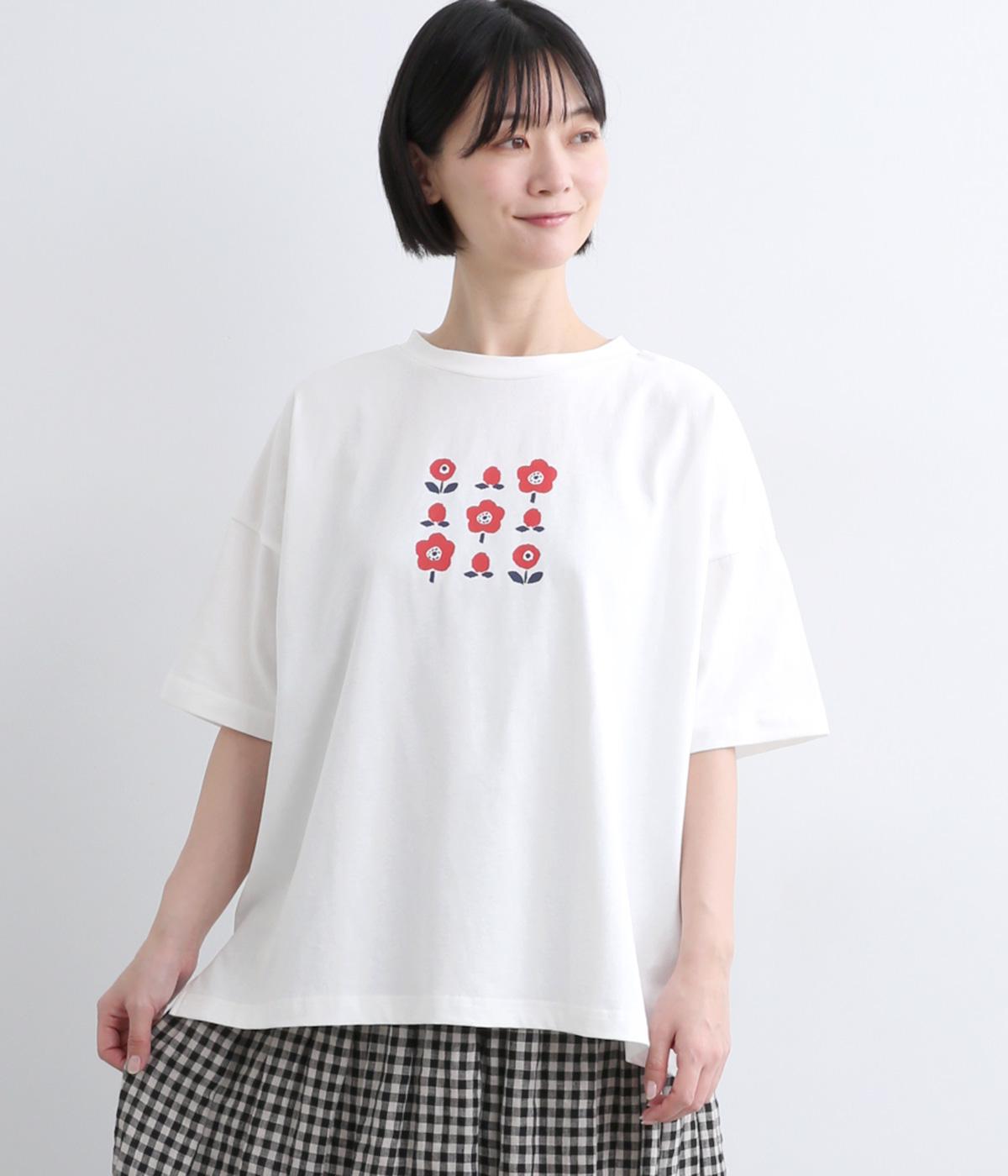 コットン空紡糸天竺　フラワープリントワイドTシャツ(オフシロ-F)