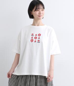 コットン空紡糸天竺　フラワープリントワイドTシャツ(オフシロ-F)