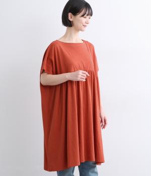 コットンリネン天竺　ワイドギャザーチュニック(レッド-F)
