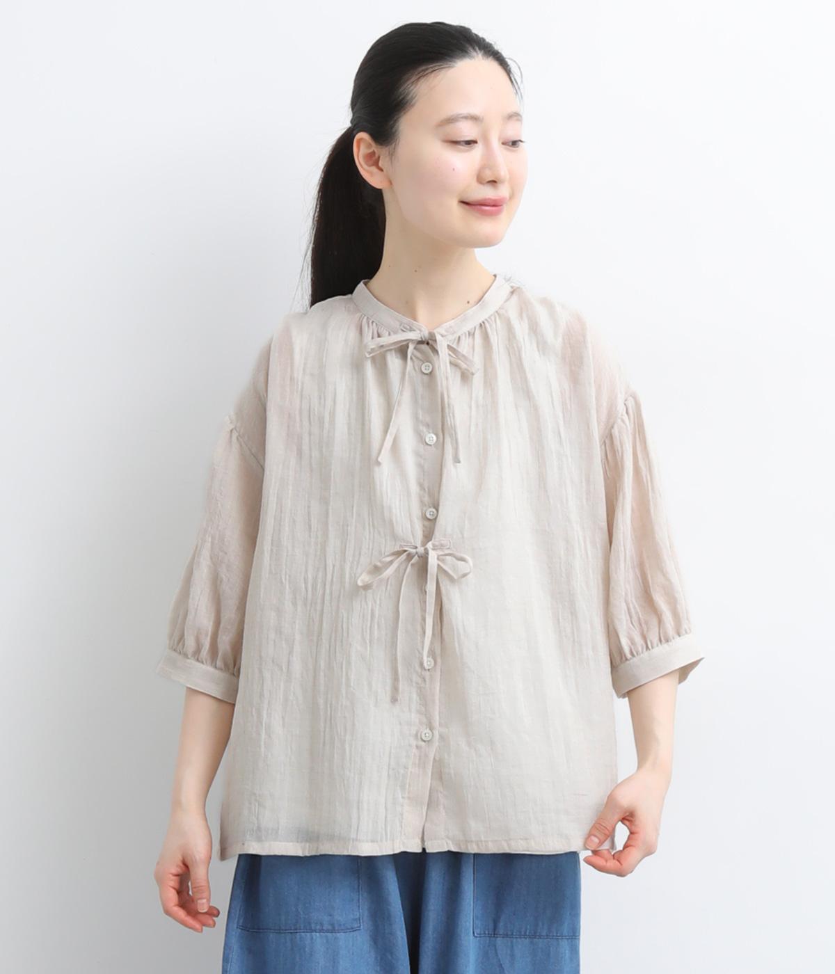 ＴＣソフトガーゼ　6分袖リボンブラウス(オフグレー-F)