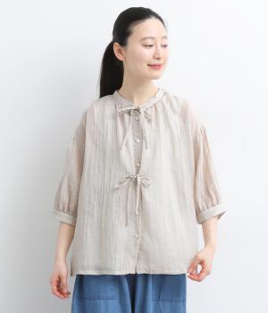 ＴＣソフトガーゼ　6分袖リボンブラウス(オフグレー-F)