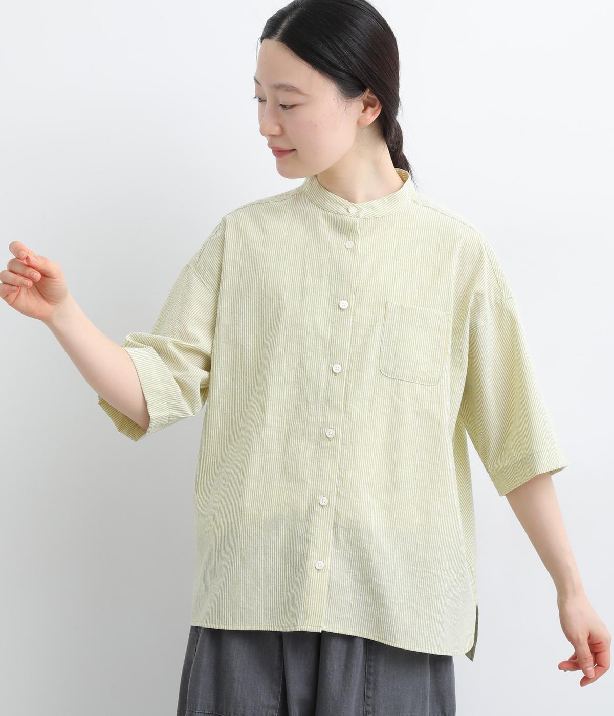 ＴＣソフトサッカーストライプ　5分袖バンドカラーシャツ(キミドリ-F)