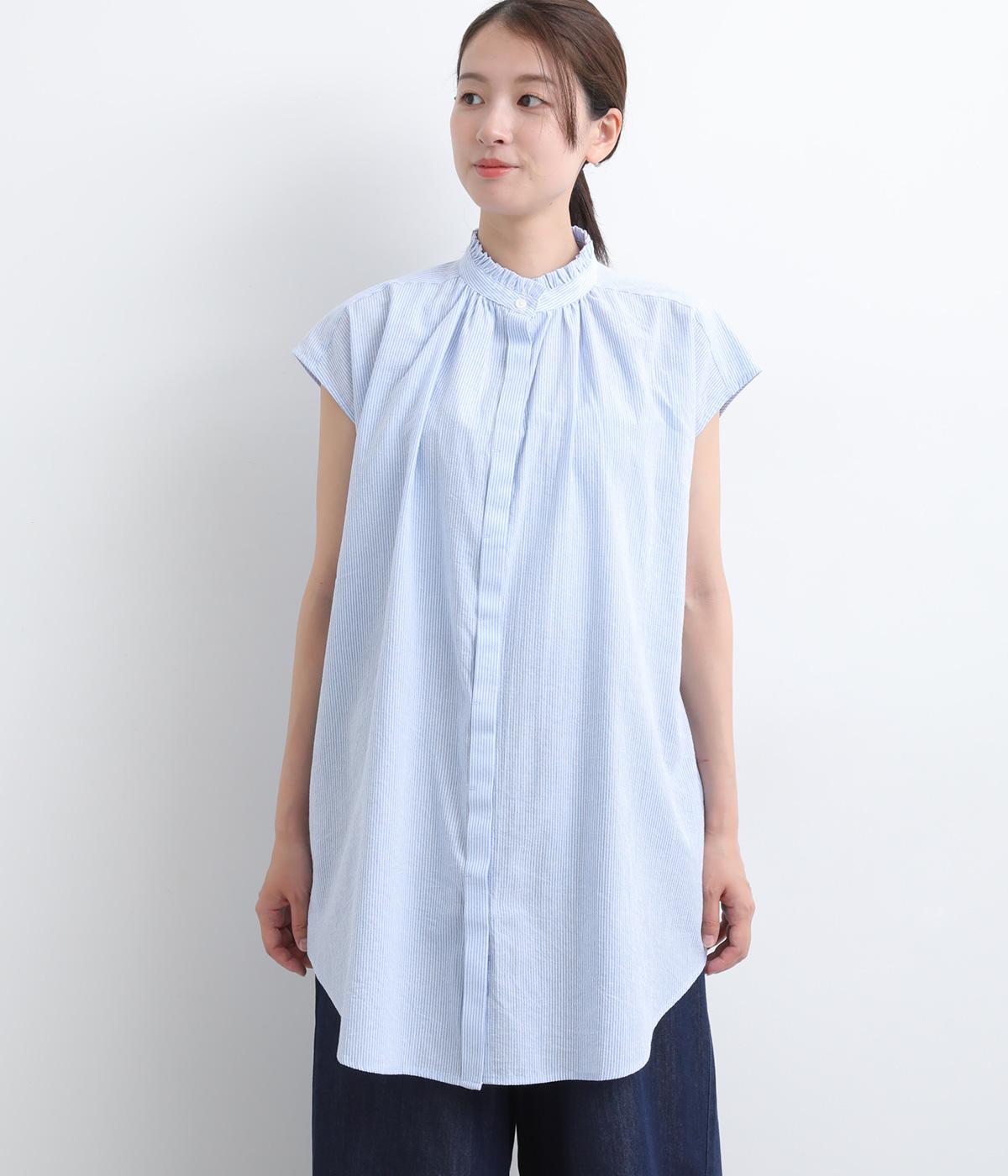 ＴＣソフトサッカーストライプ　フリルカラーノースリーブブラウス(ブルー-F)