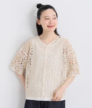 コツトンかぎ針風レース編みニット　カーディガン(キナリ-F)