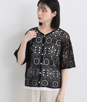 コツトンかぎ針風レース編みニット　カーディガン(クロ-F)