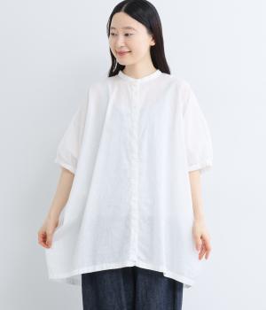 【tukuroi by SUN VALLEY】コットンリネン平織　日本製品染　バンドカラーチュニック(ホワイト-F)