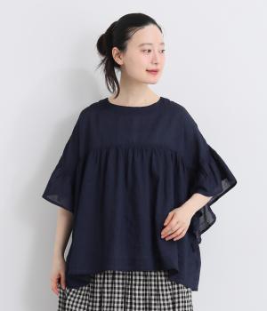 【tukuroi by SUN VALLEY】コットンガーゼデニム　フレアギャザーブラウス(ネイビー-F)