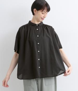 コットンテンセル平織　日本製品染　ギャザー半袖シャツ(クロ-F)