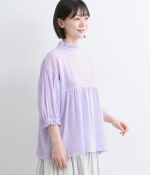 コットンテンセル平織　日本製品染　スタンドフリルネックブラウス(ラベンダー-F)