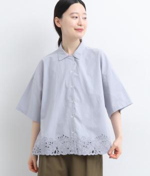 【tukuroi by SUN VALLEY】コットン平織スカラップ刺繍5分袖シャツ(シャビ―ブルー-F)