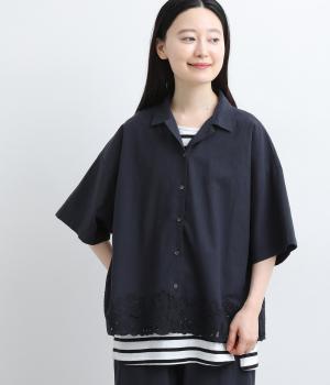 【tukuroi by SUN VALLEY】コットン平織スカラップ刺繍5分袖シャツ(ダークネイビー-F)