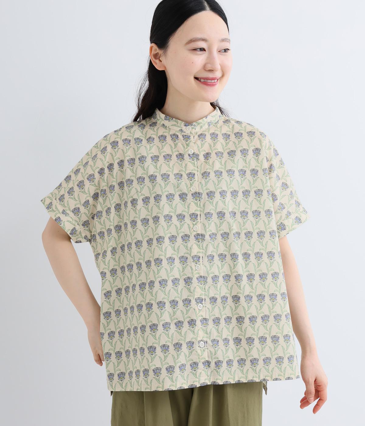 コットンローンボタニカルプリントバンドカラーシャツ(キナリ-M)