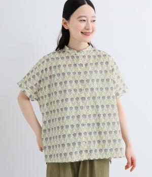 コットンローンボタニカルプリントバンドカラーシャツ(キナリ-M)