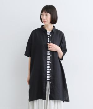 リネン平織ロングシャツ(クロ-M)