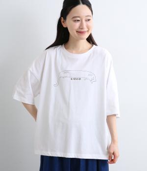 コットン天竺ねこプリントTシャツ(オフシロ-M)