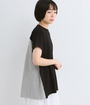 コットン天竺×サッカー切替プルオーバー(クロ×ストライプ-M)