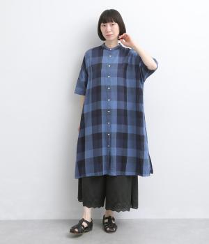 コットンリネンガーゼブロックチェックチュニック(ネイビー-M)