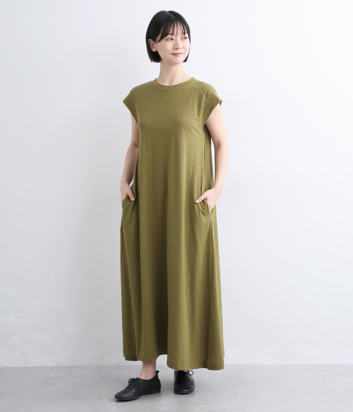 コットンリネン天竺　フレンチスリーブワンピース(オリーブ-F)