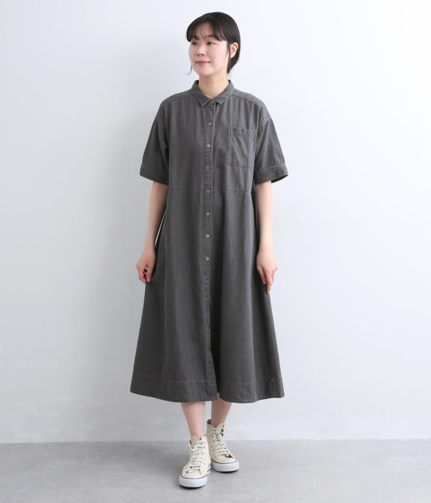 コットンテンセルデニム　襟付きフレアワンピース