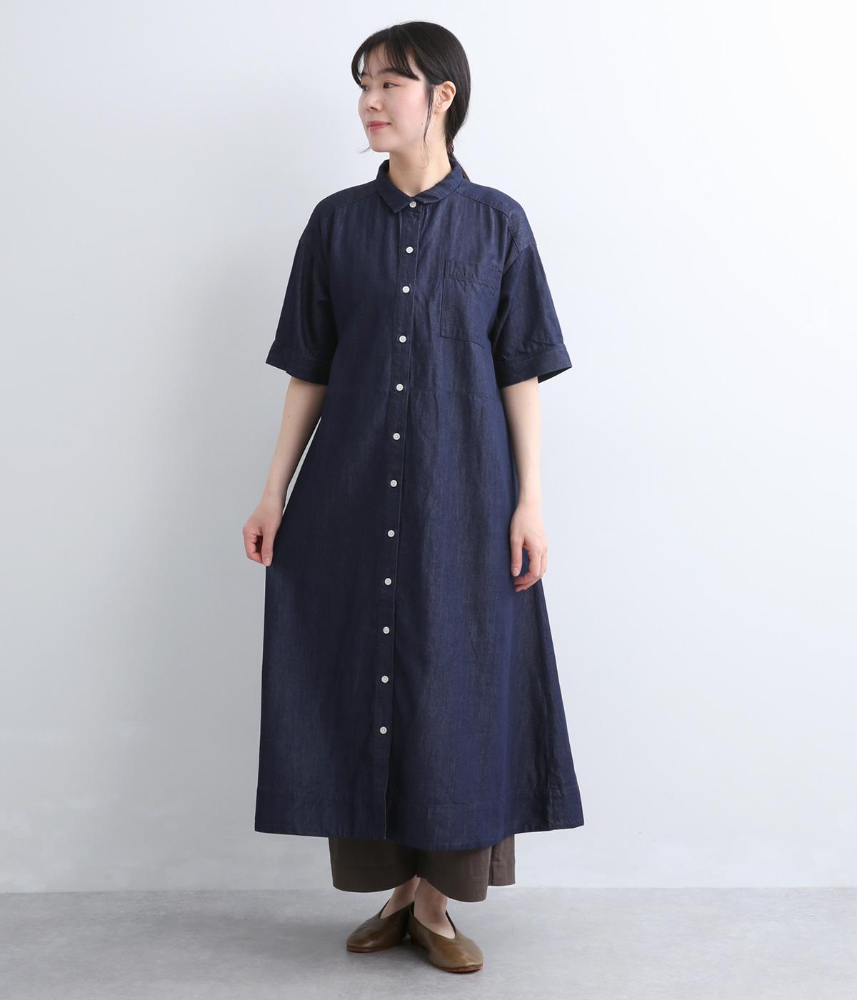 コットンテンセルデニム　襟付きフレアワンピース(ネイビー-F)
