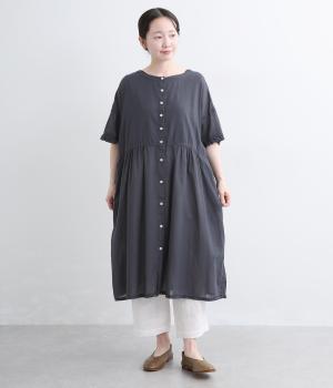 コットンボイル日本製品染　袖口フリルウエスト切替ワンピース(グレーネイビー-F)