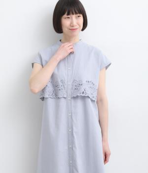 【tukuroi by SUN VALLEY】コットン平織スカラップ刺繍　レイヤード風ワンピース(シャビ―ブルー-F)