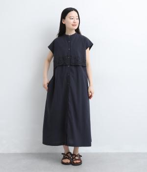 【tukuroi by SUN VALLEY】コットン平織スカラップ刺繍　レイヤード風ワンピース(ダークネイビー-F)