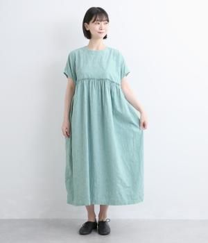 【tukuroi by SUN VALLEY】コットンジャカード日本製品染　ギャザー切替ワンピース(ソーダブルー-F)