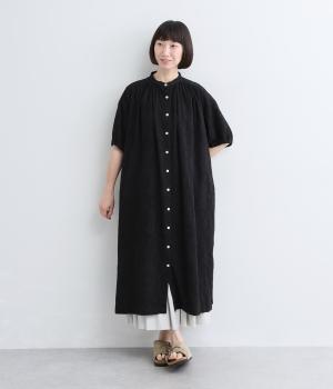 コットン花柄ワッフルジャカードギャザーワンピース(クロ-M)