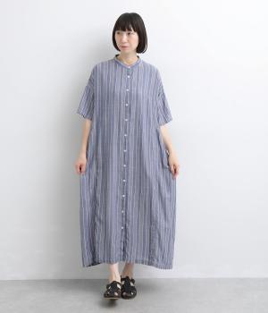 コットンレーヨン織柄　サイドギャザー切替ワンピース
