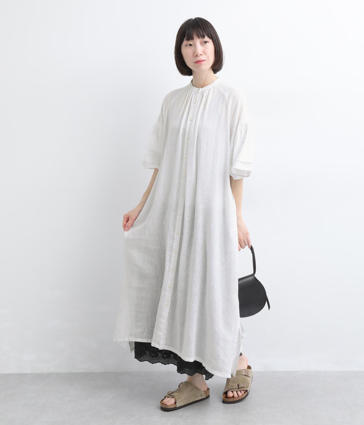 コットンリネンガーゼ重ねフリル袖ワンピース(オフシロ-M)