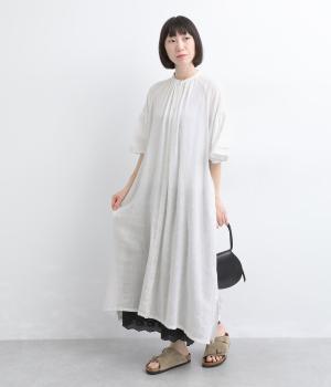 コットンリネンガーゼ重ねフリル袖ワンピース(オフシロ-M)
